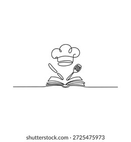 Un chef de ilustración culinaria que tenedor cuchillo y libro de cocina abierto en el arte de línea