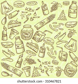 Culinary illustration - food and drink market sketch vector pattern or set. Hand drawn digital retro style.