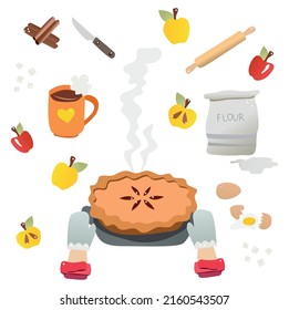 
ilustración culinaria. tarta, manzanas, alfiler, harina, huevos, taza de té, azúcar refinado, palos de canela. ilustración fragante y brillante