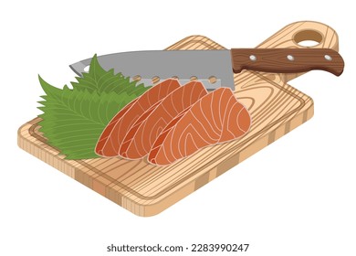 Kulinarische Illustration. Lachs-Sashimi auf einem Schneidebrett. Santoku-Messer.