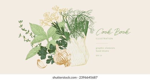 Culinary illustration. Vintage drawing of spices and culinary herbs. Graphic elements for cook book design, restaurant menu and recipe sheets