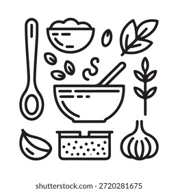 Ingredientes culinarios y herramientas de cocina en una simple ilustración en blanco y negro