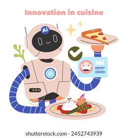 Culinary Innovation concept. A friendly robot presenting modern dishes with data analytics. Future technology and AI in food industry. Vector illustration.