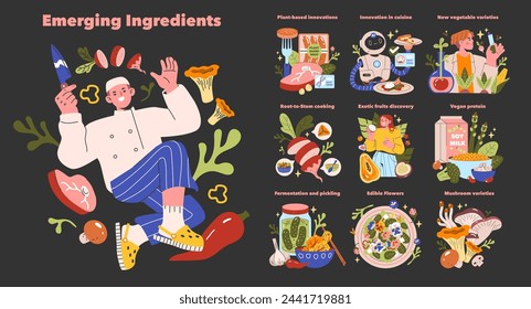 Culinary Innovation Set. Celebrating new plant-based alternatives, root-to-stem cooking, global cuisine, and unique vegan proteins. Discoveries in food sustainability. Vector illustration.