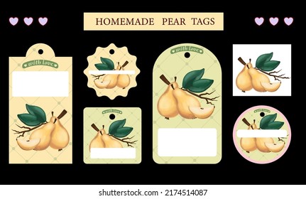 Culinary inscription stickers, pear jam labels. Culinary doodles, cooking tags for canned food or pear vector. Homemade emblems for fruit jam, master class and cafe