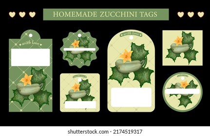 Culinary inscription stickers, zucchini labels. Culinary doodles, cooking tags for canned food or zucchini vector. Homemade emblems for vegetables, workshop and cafe