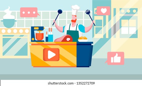 Culinary Internet Channel Flat Vector Illustration. Blogger in Apron with Cookery Tools Cartoon Character. Professional Chef Tutorial Vlog. Online Cooking Show Shooting Set. Blogging Business