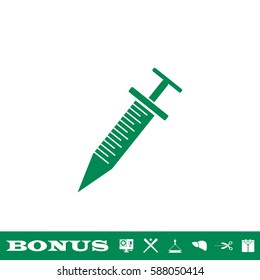 Culinary kitchen syringe icon flat. Green pictogram on white background. Vector illustration symbol and bonus button