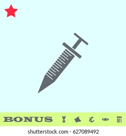 Culinary kitchen syringe icon flat. Grey pictogram on blue background. Vector illustration symbol and bonus buttons medal, cow, earth, eye, calculator