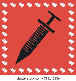 Culinary kitchen syringe icon flat. Simple black pictogram on red background with white hearts for valentines day. Vector illustration symbol