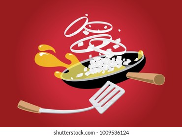 " Culinary life " Onion cooking  fly on a pan. Design Vector.
