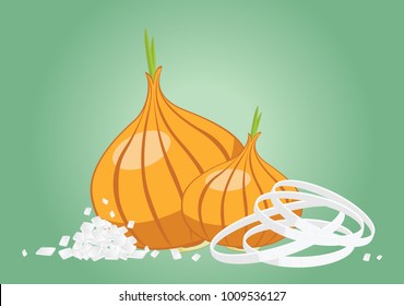 " Culinary life " Onion set square cut and onion ring on green background.