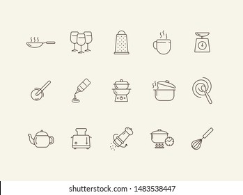 Culinary line icons. Set of line icons. Wine glasses, toaster, cooking pot. Cuisine concept. Vector illustration can be used for topics like restaurant business, cooking
