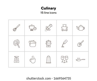 Culinary line icons. Set of line icons. Wine glasses, toaster, cooking pot. Cuisine concept. Vector illustration can be used for topics like restaurant business, cooking