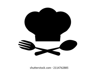 Culinary logo. Black icon on a white background. Chef hat, a spoon and a fork. Vector.