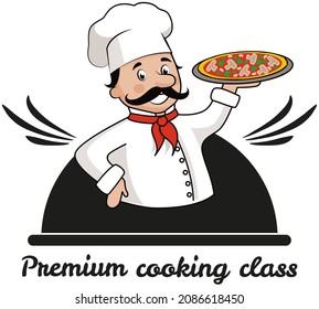 Culinary logo for company and restaurant. Premium cooking class design elements. Kitchen emblem, food studio label. Italian cuisine lessons concept. Culinary school badge with pizza maker holding dish