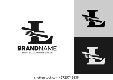 Design de logotipo culinário: L inicial e conceito de faca de cozinha. Isolado no fundo branco.