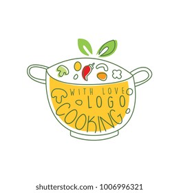 Culinary logo design with pan, fresh vegetables and cooking with love lettering. Hand drawn cookware with food. Line label for cafe, home kitchen, food studio. Vector on white.