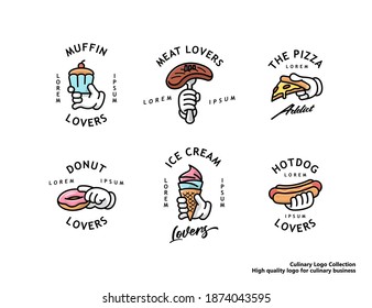 CULINARY LOGO SET FOR BUSINESS MUFFIN STEAK PIZZA DONUT ICE CREAM AND HOTDOG