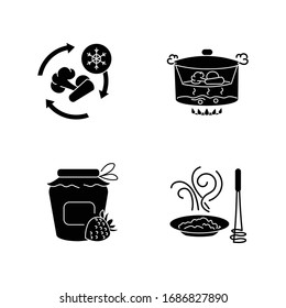 Kulinarische Methoden schwarze Glyphe Symbole auf weißem Raum gesetzt. Produktaktivierungs- und Erhaltungstechniken Silhouette-Symbole. Eingefrieren, Konservieren, Dampf und reine Vektorillustration von Lebensmitteln, einzelne Illustrationen