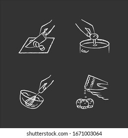 Culinary methods chalk white icons set on black background. Food preparation, cooking techniques. Cutting, cheesemaking, whipped cream and candy making isolated vector chalkboard illustrations