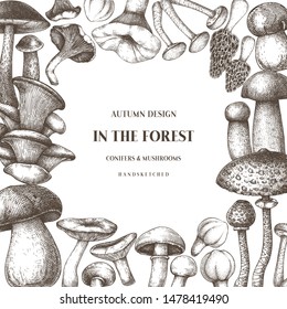 Culinary mushrooms frame design. Hand drawn healthy food template. Forest plants sketches. Perfect for recipe, menu, label, icon, packaging. Vintage mushrooms background. Botanical illustration.