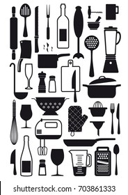 Culinary objects.
Mixer, strainer, casserole, ladle and many other cooking utensils in black and white.