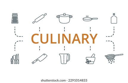 Culinary outline set. Creative icons: grater, rolling pin, stew pan, frying pan, chopping board, kitchen knifes, chopper knife, measuring cup, mortar, strainer.