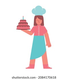 Composición culinaria de las personas con carácter femenino aislado de cocinar en la tarta de la bandeja ilustración vectorial