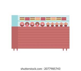 Composición culinaria de personas con imagen aislada de exhibición de tienda de confitería con donuts y cupcakes ilustración vectorial