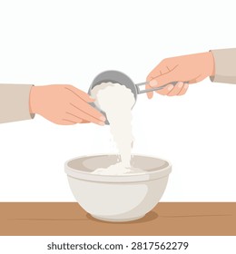 Culinary preparation close-up vector. Hands transfer dry goods for recipe creation. Concept for food blog or recipe site.
