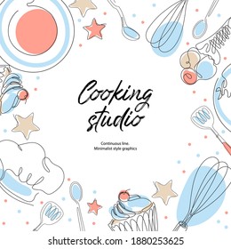 Culinary Products And Cooking Utensils. Cupcakes, Plates, Spoons, Cook Hat. Culinary Master Class, Studio, Logo. Continuous Line. Square Banner. Media Post Template.