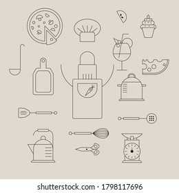Kulinarische Produkte und Küchen-Umrisse Symbol auf beigem Hintergrund.