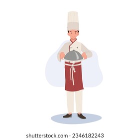 Concepto culinario profesional. El Chef Sirve Una Deliciosa Comida Gourmet. Ilustración de dibujos animados de vector plano