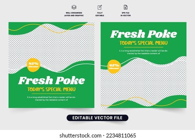 Vector de plantilla de promoción culinaria con colores verde y amarillo. Comida especial diseño de publicaciones en medios sociales con formas abstractas. Plantilla de publicidad de menú de comida fresca y saludable para restaurantes.