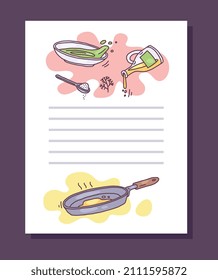 Culinary recipe book blank page or menu card design with copy space for notes, hand drawn vector illustration on white background. Recipe cooking card design.