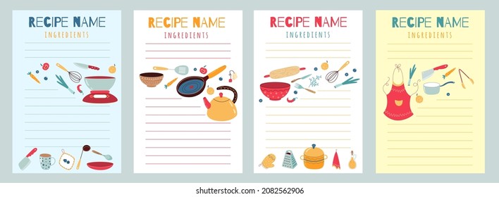 Culinary recipe cards. Cookbook pages with kitchen elements and layout for writing. Blank templates for listing of ingredients and instructions. Vector food preparation manual sheets set