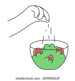 Culinary recipes, cooking salad. Human hand holding pot lid and preparing a salad with herbs and tomatoes. Thin line vector illustration on white background.