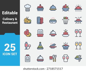 Conjunto de iconos culinarios y de restaurantes Ilustración vectorial Iconos editables de comida, chef, comida, bebida y cocina para menú de restaurantes, marca de cafetería y proyectos de diseño de cocina