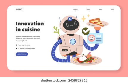 Concepto de robot culinario. Tecnología de IA que sirve alimentos, representando técnicas de cocina innovadoras y automatización en la cocina. Ilustración vectorial.