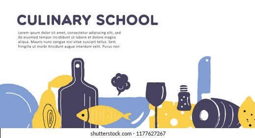 Culinary school banner. Illustration of utensils and food. Vector design. 