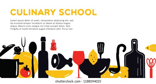 Culinary school banner. Illustration of utensils and food. Vector design.