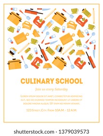 Culinary School Banner Template, Invitation Card with Place for Text and Kitchen Utensils for Food Preparation Vector Illustration