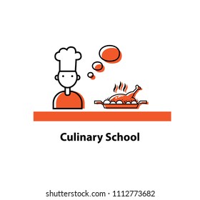 Culinary school illustration. Chef teaches cooking. For web, online courses, cooking studios, lessons, distance learning. Vector illustration