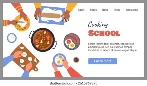Culinary school landing page. Food cooking. Hands making lunch sandwich. Cook ingredients. Meal preparation study course. Kitchenware top view. Chef arms Website design template. Vector background