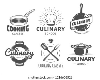 Culinary school logos. Vector badges for cooking classes, workshops and courses. Set of vintage monochrome labels with chefs hat, pans and kitchenware