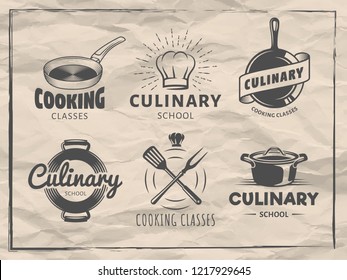 Culinary school logos. Vector emblems for cooking classes, workshops and courses. Set of monochrome badgess with chefs hat, pans and kitchenware on vintage paper background