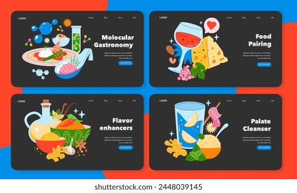 Culinary Science set. Molecular gastronomy, food pairing, flavor enhancers, and palate cleansing concepts. Innovative cooking techniques and tastes. Vector illustration.