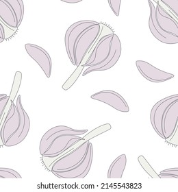 Culinary seamless pattern with garlic. Background head and cloves spices garlic vector illustration. Food template for packaging and design