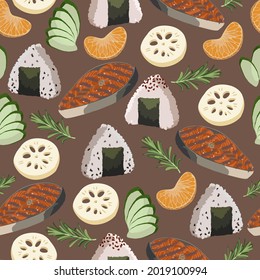Culinary seamless pattern. Japanese kitchen. Onigiri, grilled fish, lotus root, tangerines, cucumbers and rosemary. Delicious food on a dark background. 